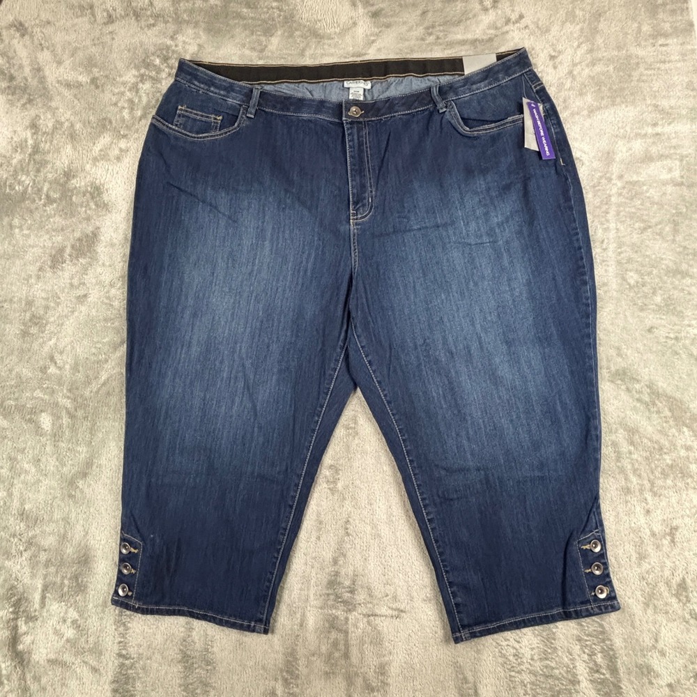 Catherines Denim Capri Jeans Womens 30W Blue Stretch Button Hem 21.5" Inseam NWT